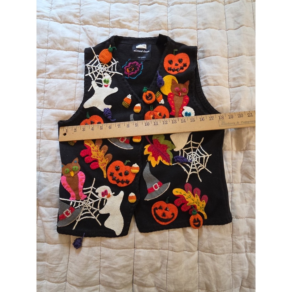 GORGEOUS 90s Vintage Michael Simon Halloween Vest Embroidered Spooky Knit Medium - Picture 5 of 9